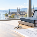 Immobilienverwaltung wechseln: So gelingt die Übergabe Ihrer Liegenschaft Zwei Liegenschaftsdossiers und ein Schlüsselbund auf einem Schreibtisch vor Zürcher Stadtkulisse.