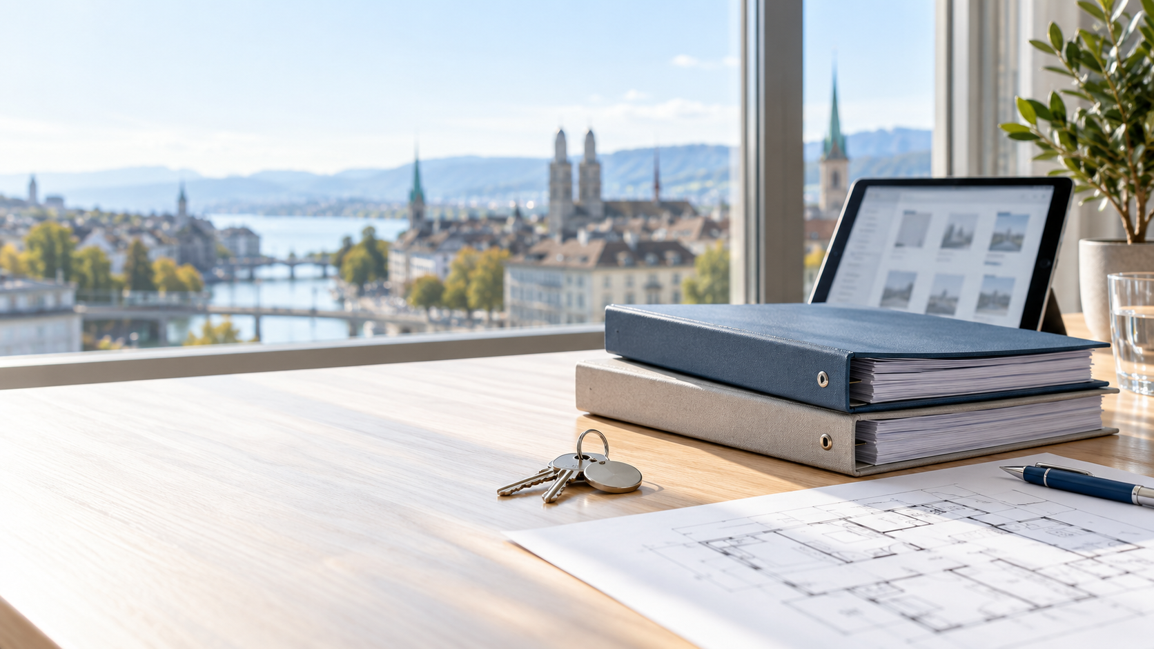 Zwei Liegenschaftsdossiers und ein Schlüsselbund auf einem Schreibtisch vor Zürcher Stadtkulisse.